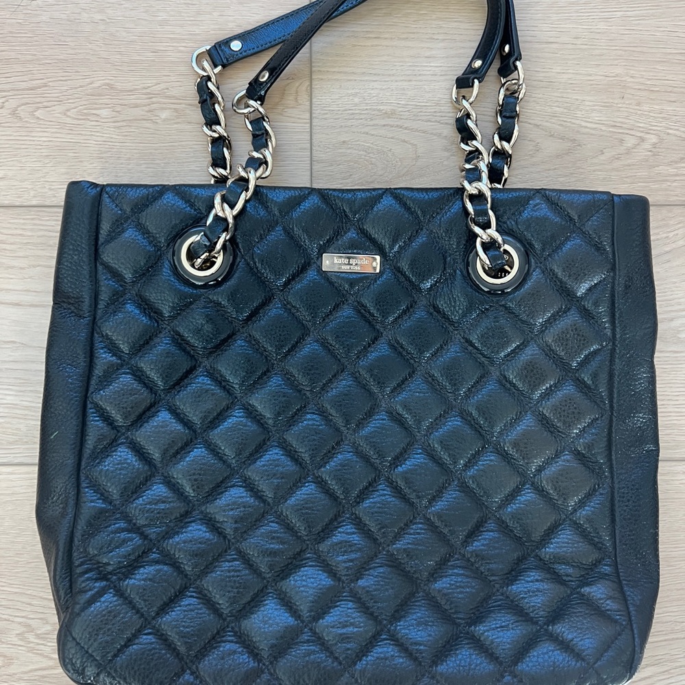 Kate Spade Black Quilted Tote Bag shoulder chain strap New York leather